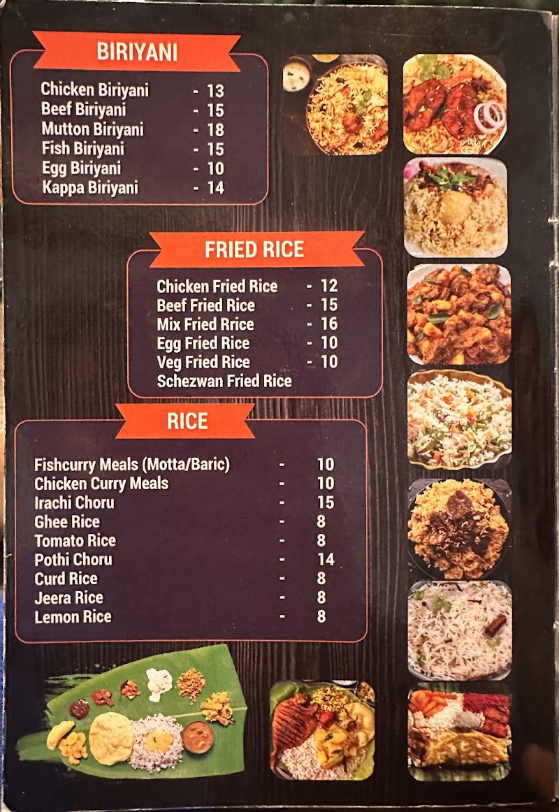 Mumkin printed menu: biriyani, fried rice and rice dishes